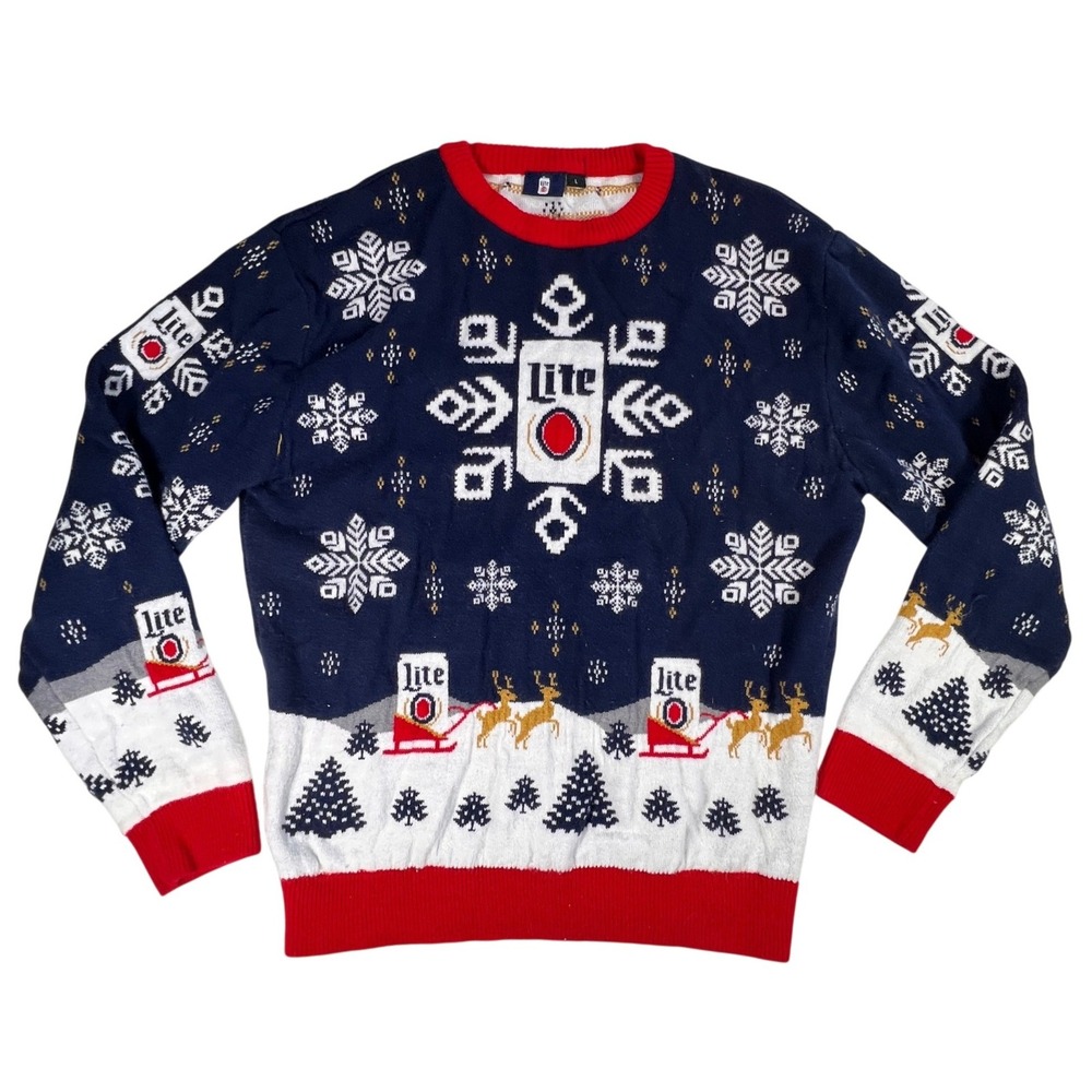 Miller Lite Sweater Mens L Navy Blue Ugly Christmas Reindeer Snowflake Beer Knit